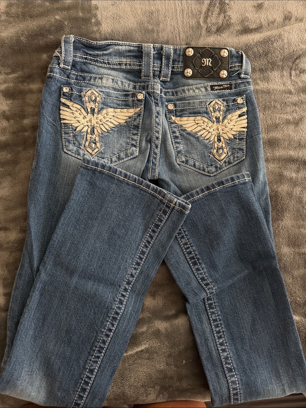Miss Me Bootcut Jeans with Embroidered Wing Back Pockets - Blue